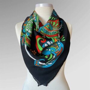 Vintage 60s 70s French Psychedelic Multicolor Paisley Print Pure Wool Scarf